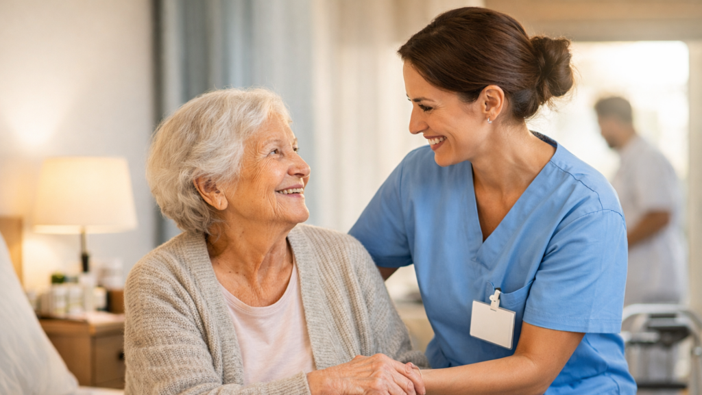 Operatore socio-sanitario durante l'assistenza quotidiana a una persona anziana